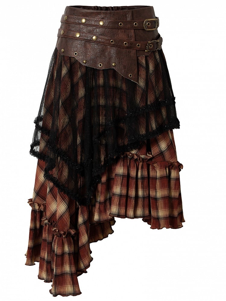 Hem Waistline Wasteland Asymmetrical Studs Punk Skirt BlackRed Plaid PU Pattern Flounce