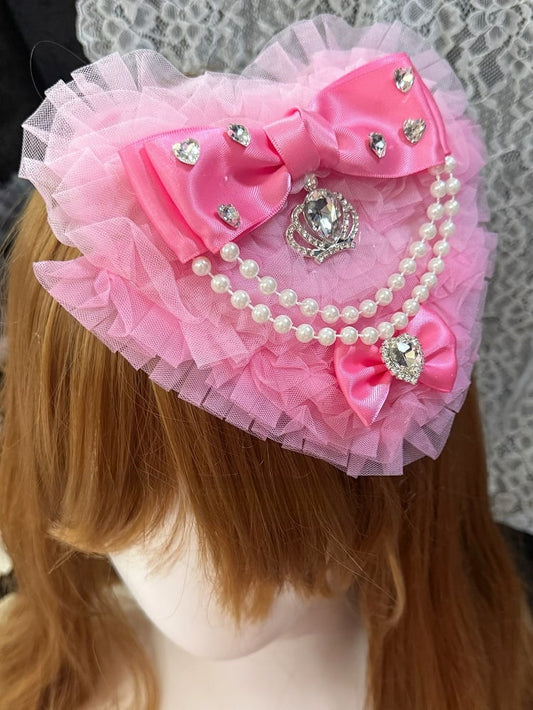 Heart-shaped Charm Hairclip Details Beaded Pink Bowknot Decorated Rhinestone