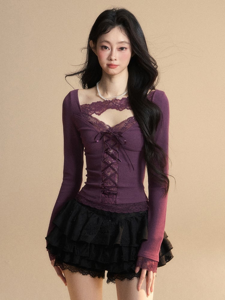 Glamorous Top with Lace-up Purple V-Neck Contrast Lace Patches Detail Front at
