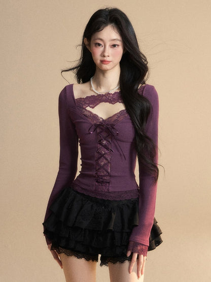 Glamorous Top with Lace-up Purple V-Neck Contrast Lace Patches Detail Front at