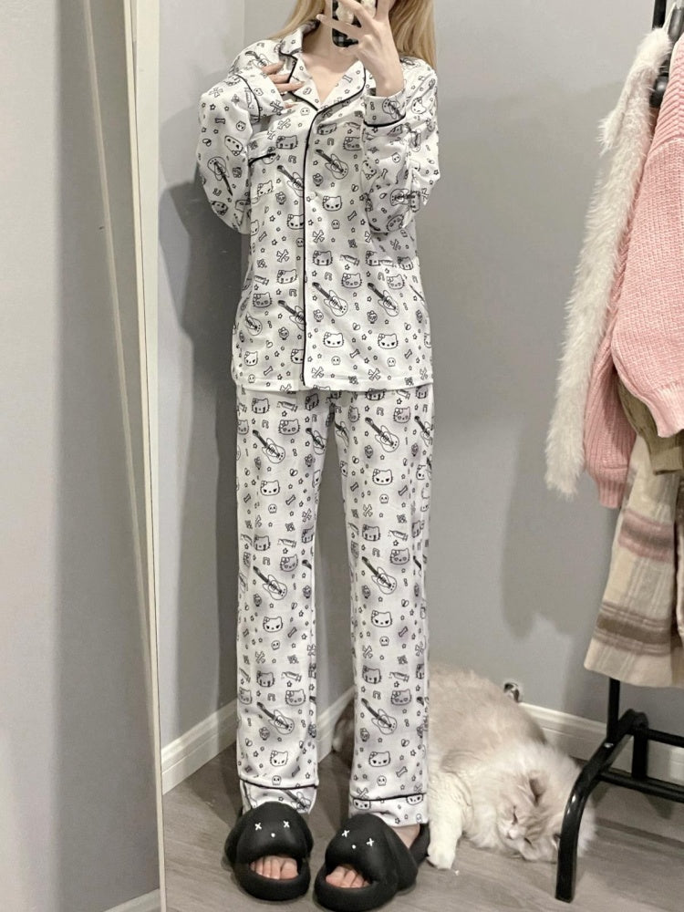 White Kitty and Guitar Print Pajama Set