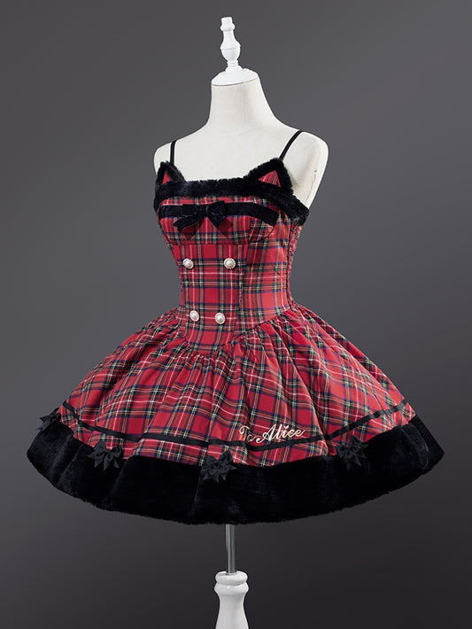 Christmas Red Cat Ears Plush Hemline Plaid Dress Lolita Jumper Skirt