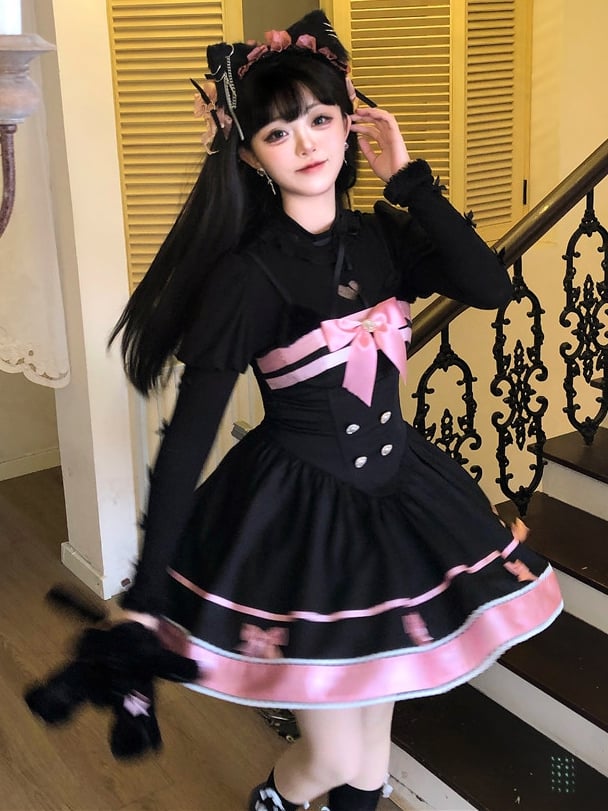 Black and Pink Cat Ears Bow Accents Basque Waist Sweet Dress Lolita Jumper Skirt