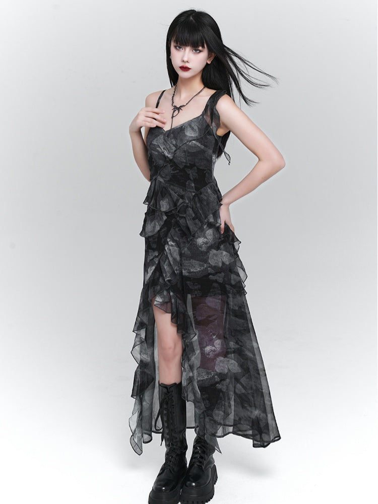 Robe nuisette asymétrique à volants et imprimé papillon violet/gris foncé
