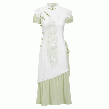 Banded Dress Qipao Collar Apple Print Cheongsam Style Buttons Green Knot