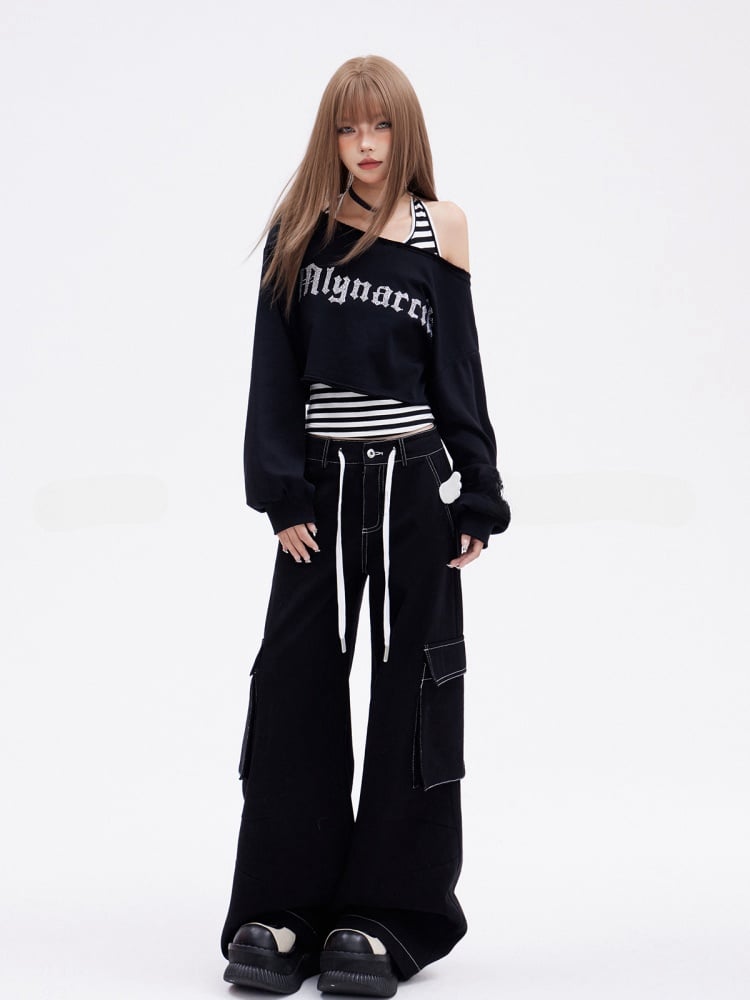 Glamorous Cropped Black Asymmetrical Neckline Letter Embroidery Sweatshirt