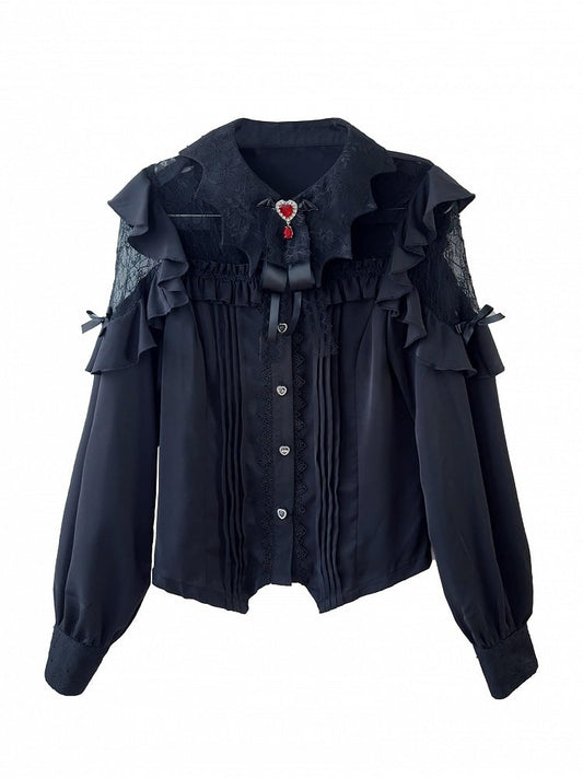 Jirai Kei Black Bat Wing-shaped Collar Lace Patch Landmine Style Shirt