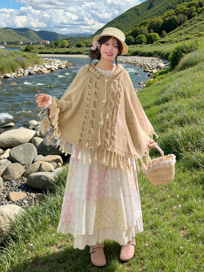 Cape with Tassel Hem Khaki Knitted Hooded