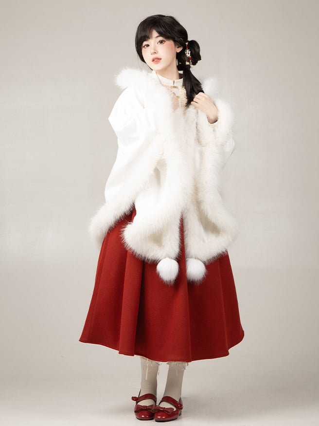 White Plush Trimmed Hooded Winter Cape Coat