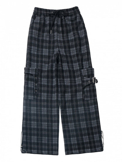 Black Cargo Pockets Plaid Pants