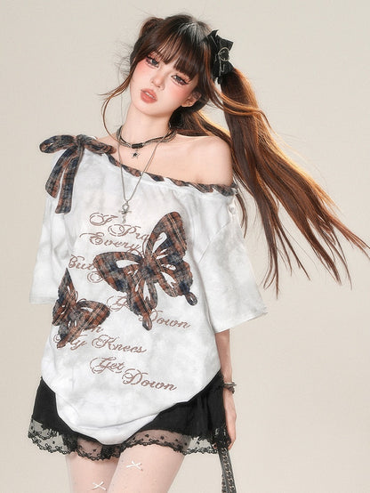 Appliques Brown/White Asymmetrical Glamorous T-shirt Plaid Butterfly Bittersweet Neckline