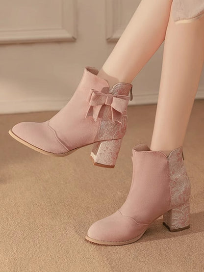 Absatzversion Normal/Dicke Lolita mit Schleife Stiefel Qi Block Akzent Satin Kombination und Wildleder
