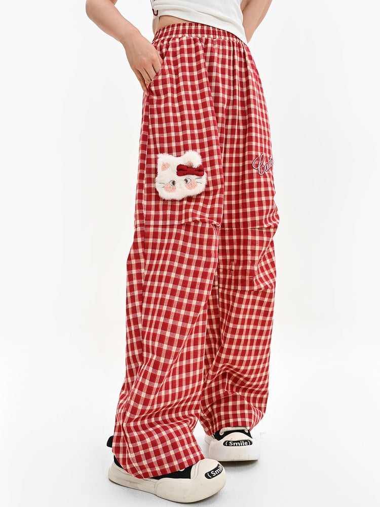 Pants with Kitty Plushie Red Plaid Elastic Waist Wide-Leg Casual