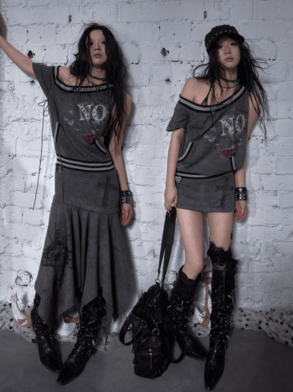 Asymmetrical Neckline Gray/White Wasteland Punk Distressed Dress