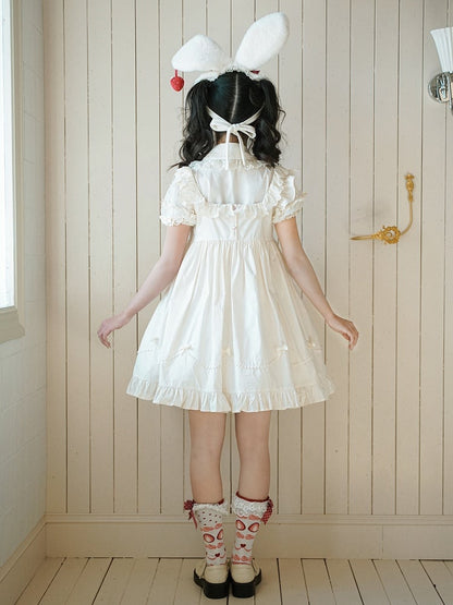Robe longue beige en coton à taille haute et appliques de fraises