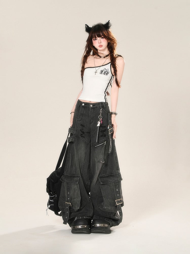 Black Distressed Holes Buckle Wide-Leg Jeans Cargo Pockets Straps