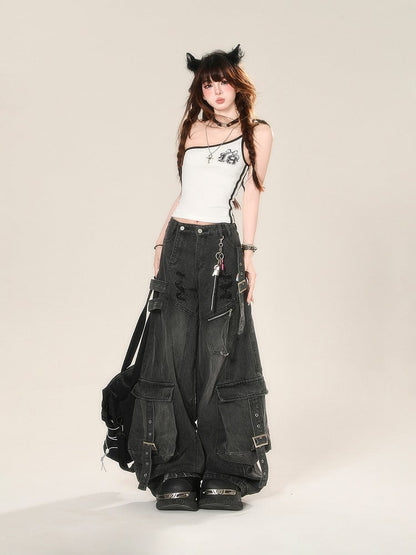 Black Distressed Holes Buckle Wide-Leg Jeans Cargo Pockets Straps