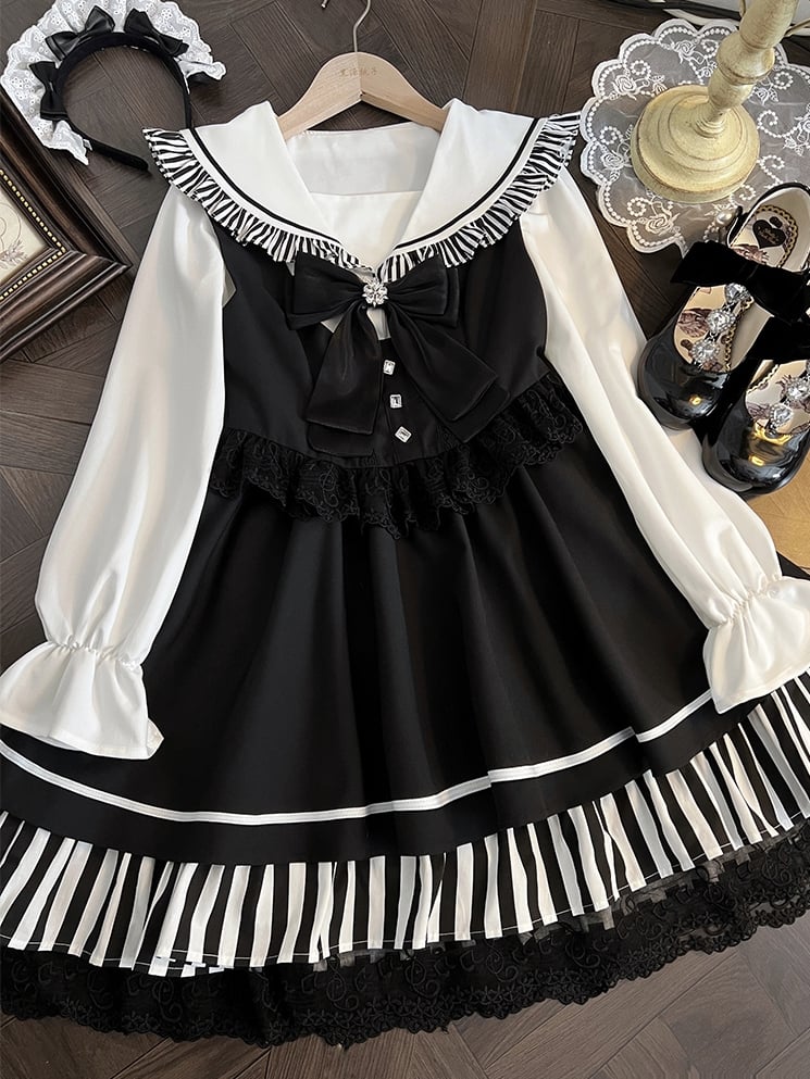 Black Jirai Kei Sailor Collor Blouse High Waist Lace Trim Overall Dress Set