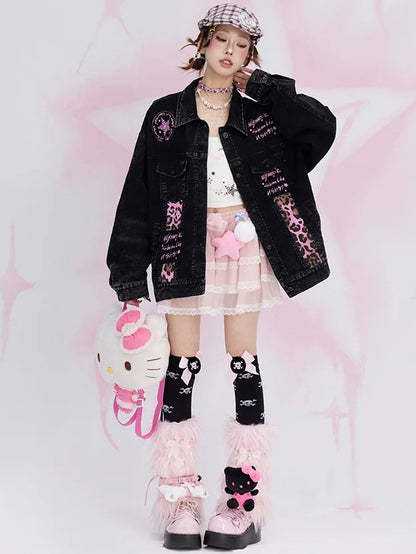 Faded Wash Black Letters Print Leopard Patches Denim Jacket