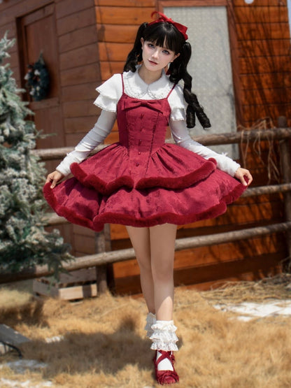 Red Basque Waist Plush Trim Hemline Christmas Lolita Dress Adjustable Thin Shoulder Straps