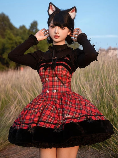 Robe à carreaux avec ourlet en peluche et oreilles de chat rouges de Noël, jupe pull Lolita