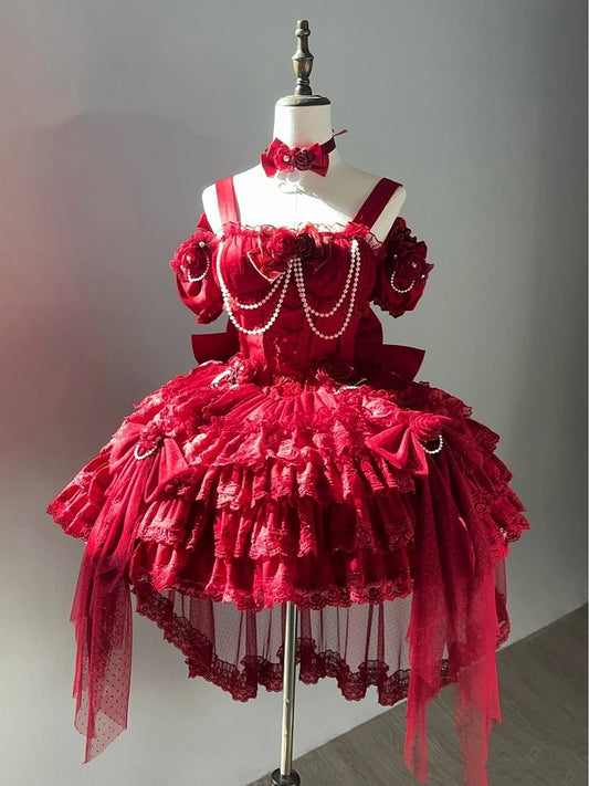 Waist Flower Basque Hem Fairy Skirt Dress Jumper Tiered Red Lolita Hanayome