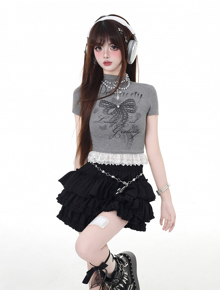 Bow Print Glamorous Cropped Neck Lace Hem T-Shirt Gray/White Mock