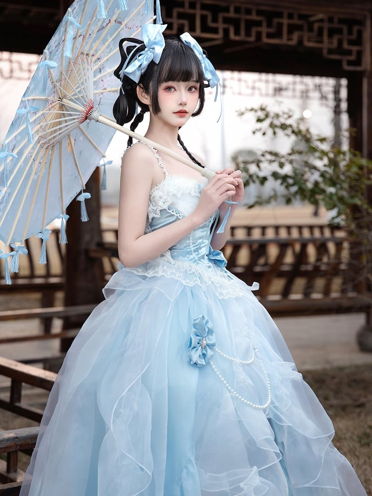 Sizes Flounce Blue High-low Princess Available Top Waist Lolita Boned + Skirt Cascading Plus