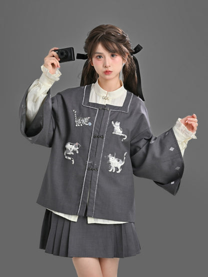 White Cheongsam Style Shirt with Self-tie Strap at Cuff