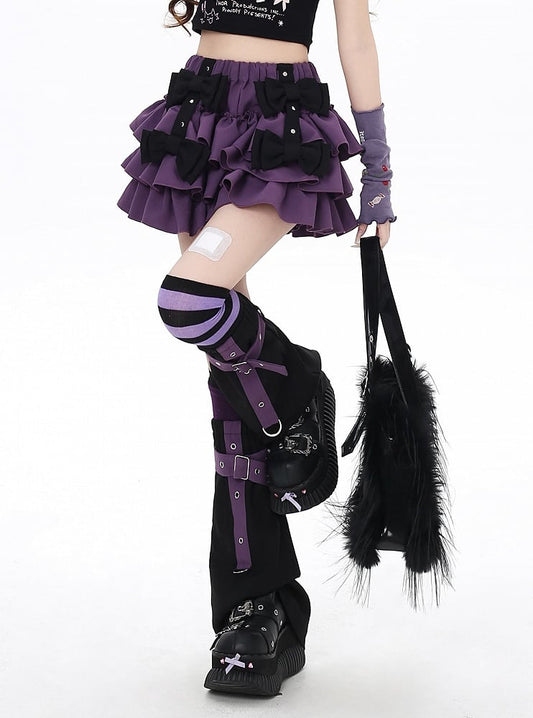 Strap Leg Warmers Black Bowknots Lined Purple Tiered Skirt with Criss-cross