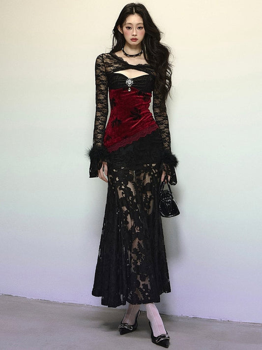 Robe de soirée sirène semi-transparente en velours rouge à décolleté asymétrique noir