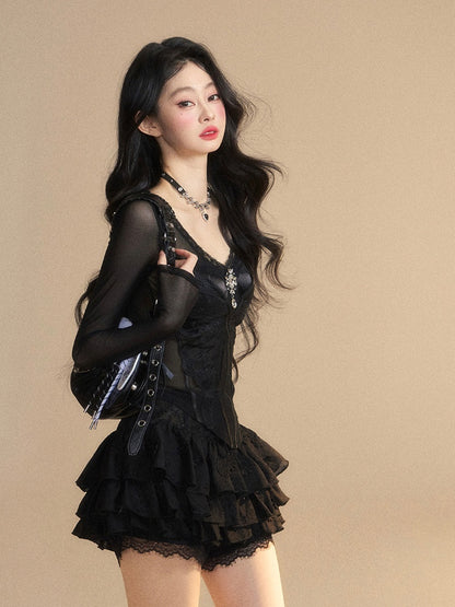 Rhinestone Embellished Glamorous Top Black V-neck Butterfly Embroidery