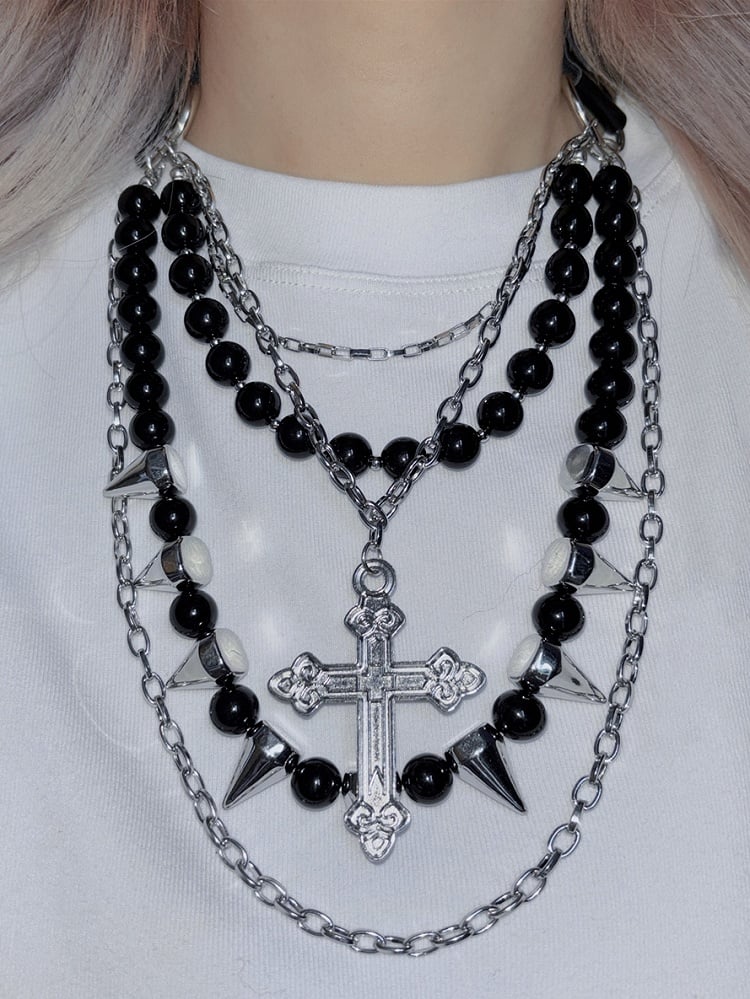 Studs Black Beaded Necklace Silver Pendant Decorated And Cross