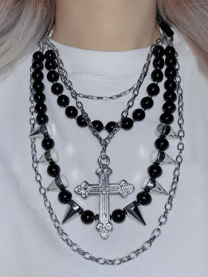 Studs Black Beaded Necklace Silver Pendant Decorated And Cross
