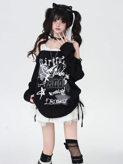 Star Y2K Print Open Shoulder Black/White Top Faux Two-pieces