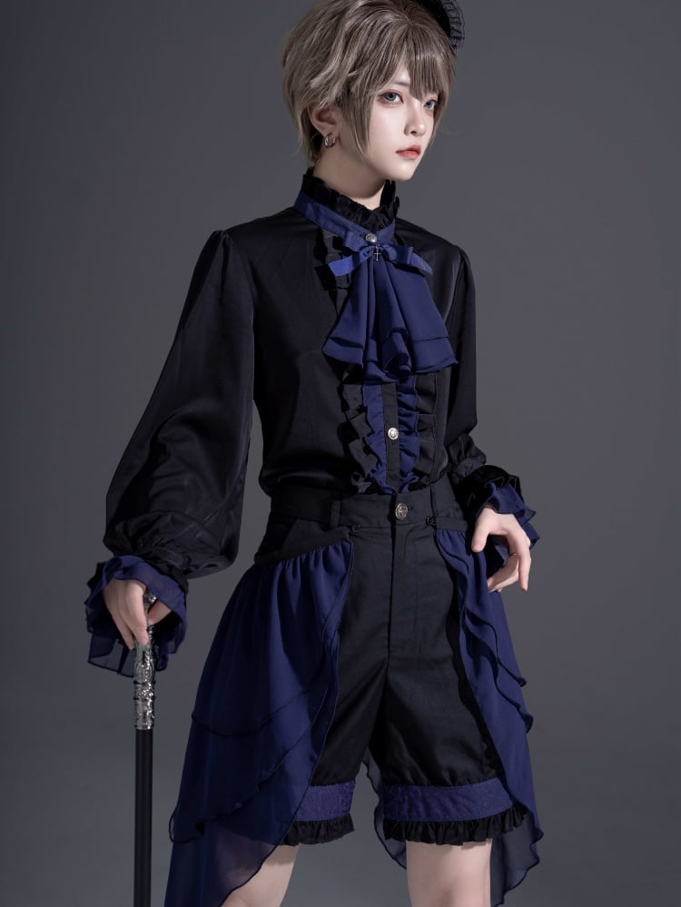 Black and Dark Blue Ouji Lolita Fashion Prince Shirt With Jabot