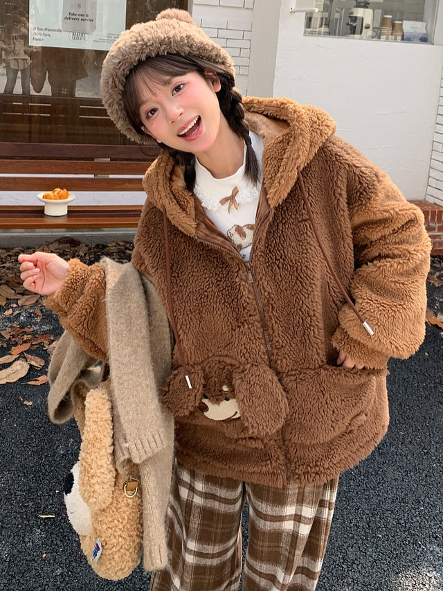 Brown Cute Puppy Pocket Design Fleece Zip Hoodie