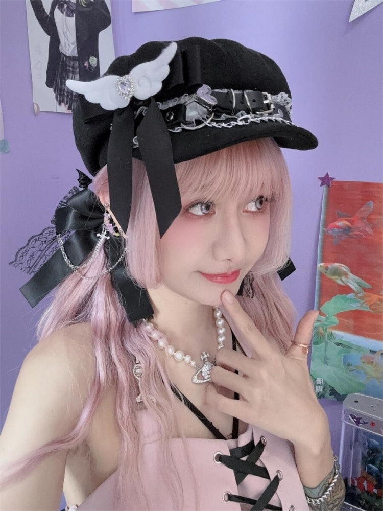 Angel Wings Rhinestoned Bowknot Jirai Kei Hat