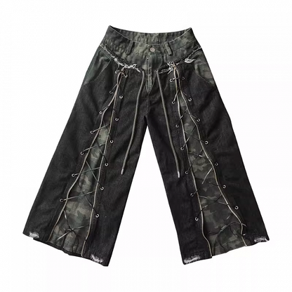 Distressed Rock Straight-leg Jeans Punk Camouflage Lace-up Front