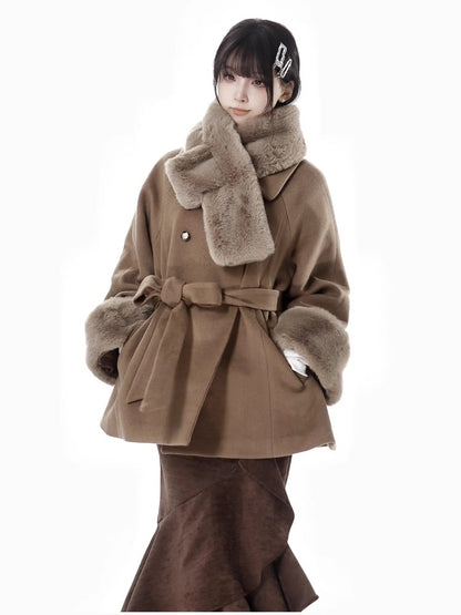 Coffee Baggy Long Sleeves Detachable Plush Cuffs Coat