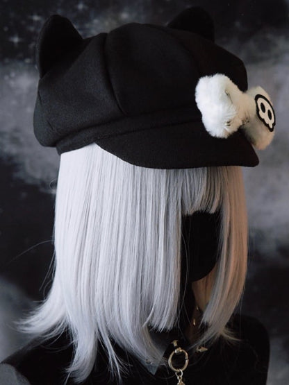 Applikation Baskenmütze Knochen Pin Katze Hut Plüsch Skelett Design verziert Ohr Gothic schwarz