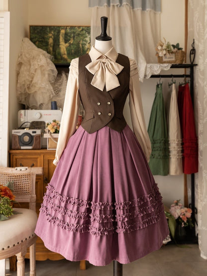 Chemise beige à manches longues et volants avec nœud papillon