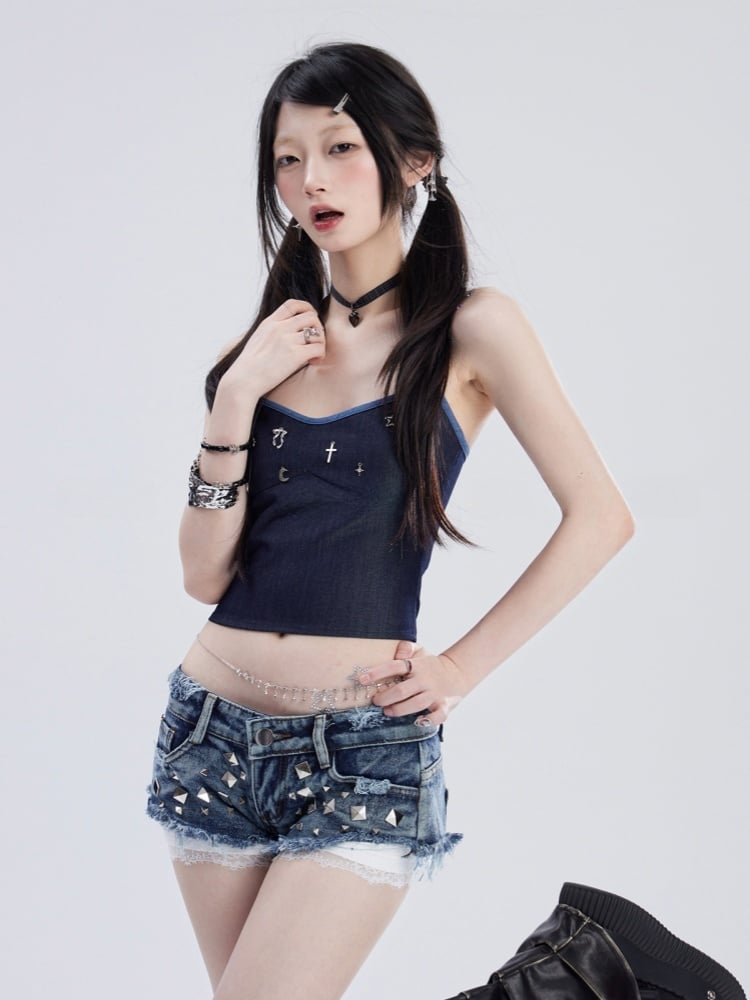 Cropped Denim Blue Halter Neck Metal Top Charms