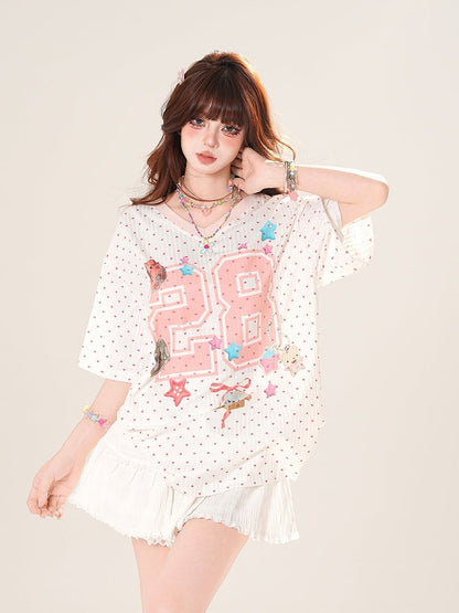 Pink Polka-dot Pattern T-Shirt Print Star V-Neck Loose