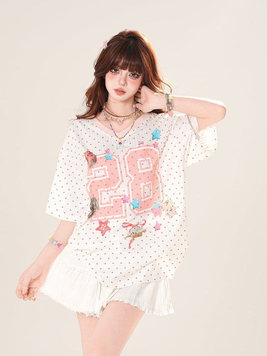 Pink Polka-dot Pattern T-Shirt Print Star V-Neck Loose
