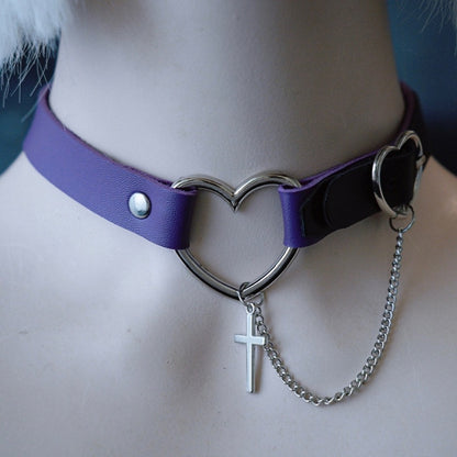 Kette Lila Und Gothic Choker Anhänger Herz Kreuz