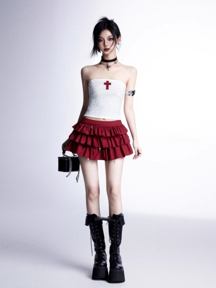 Strapless Top/Red Cross Tiered Skirt Gothic Red Cross Applique White Cropped Charms