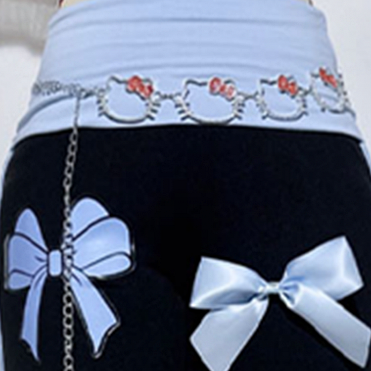 Pantalon évasé à taille haute noir avec nœuds bleus