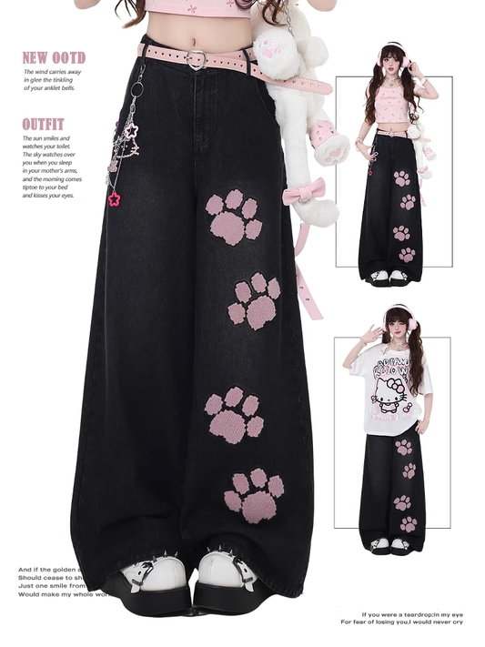 Waist Straight-Leg Jeans Pink Paw Embroidery Black Low