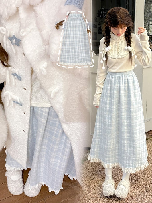Jupe midi taille haute à carreaux bleus et bordure en dentelle